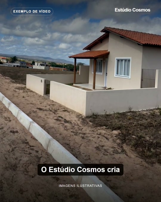 A mesma casa no anúncio editado, com marca Estúdio Cosmos e legenda